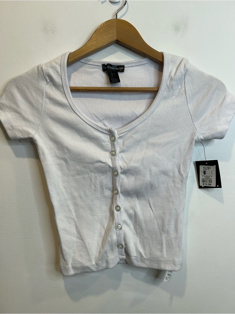 ☀️ 3/$15 Streetwear Society white ribbed short-sleeve button-front crop top